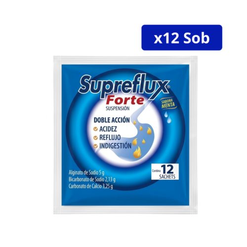 SUPREFLUX (NOVAMED) FORTE DOBLE ACCION CJA X 12 SACHETS MENTA Alginato de Sodio + Bicarbonato de Sodio + Carbonato de Calcio